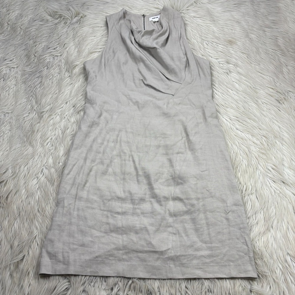 Helmut Lang Women's 12 Taupe Gray Cowl Neck Sheath Dress Linen Blend